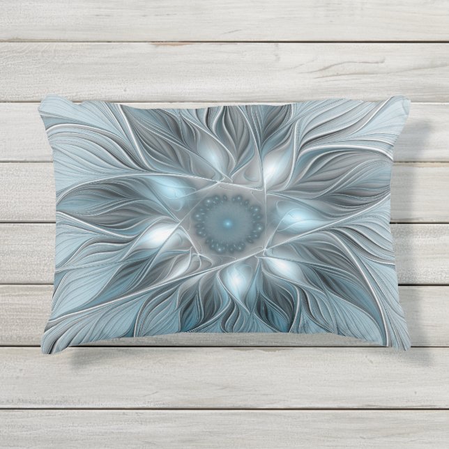 Joyful Flower Abstract Blue Gray Floral Fractal Buitenkussen (Voorkant)