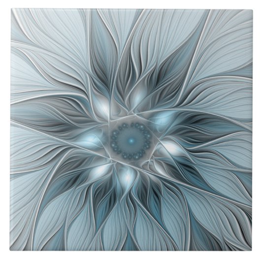 Joyful Flower Abstract Blue Gray Floral Fractal Tegeltje (Voorkant)