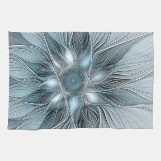 Joyful Flower Abstract Blue Gray Floral Fractal Theedoek (Horizontaal)