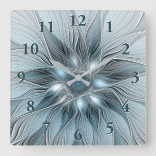 Joyful Flower Abstract Blue Gray Floral Fractal Vierkante Klok
