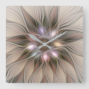 Joyful Flower Abstracte Beige Brown Floral Fractal Vierkante Klok
