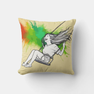 Joyful Girl on Swing - Levendige splash van kleure Kussen