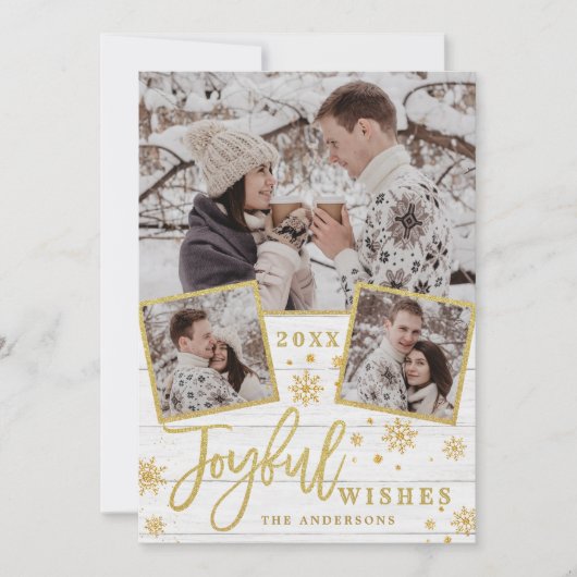 Joyful Gold Lijst Moderne Script 3 FOTO Greep Feestdagenkaart (Voorkant)