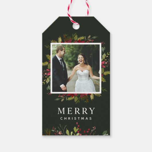 Joyful Greenery Custom Photo Merry Kerstmis Cadeaulabel (Voorkant)