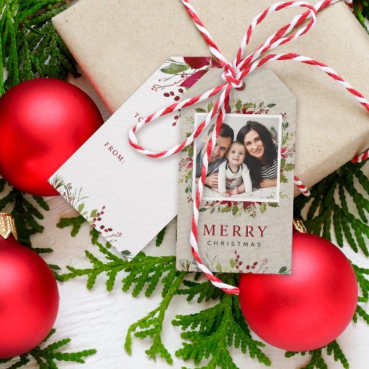 Joyful Greenery Custom Photo Merry Kerstmis Cadeaulabel