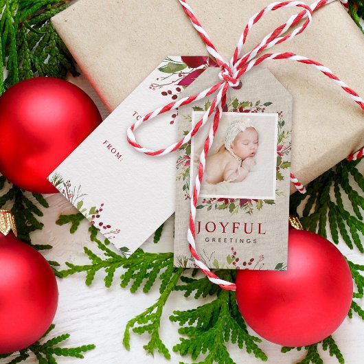 Joyful Greenery Custom Photo Merry Kerstmis Cadeaulabel