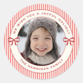 Joyful Holiday Red Bow and Stripes Custom Photo Ronde Sticker (Voorkant)
