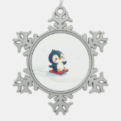 Joyful Kawaii Penguin Sledding Christmas Tin Sneeuwvlok Ornament (Voorkant)