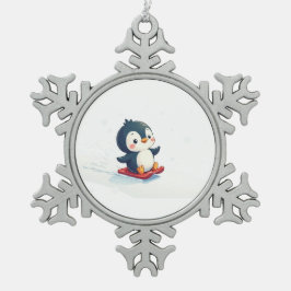 Joyful Kawaii Penguin Sledding Christmas Tin Sneeuwvlok Ornament