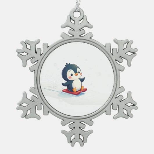 Joyful Kawaii Penguin Sledding Christmas Tin Sneeuwvlok Ornament (Voorkant)