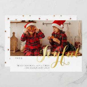 Joyful Kerstfamilie Foto modern script Folie Feestdagenkaart