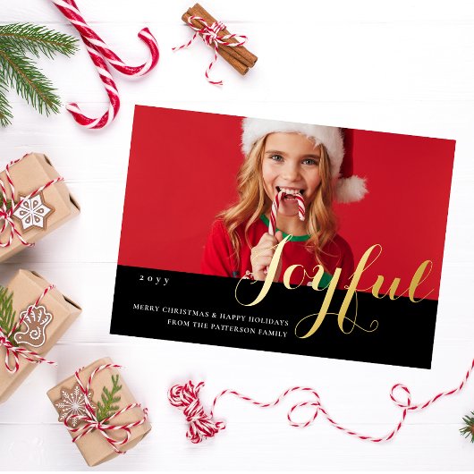 Joyful Kerstfamilie Foto modern script Folie Uitnodiging