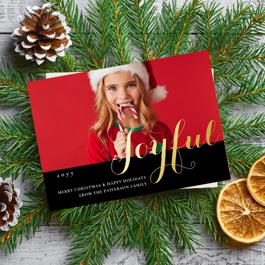 Joyful Kerstfamilie Foto modern script Folie Uitnodiging