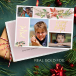 Joyful Merry et Bright photo collage or blush<br><div class="desc">Carte de vacances en feuille d'or de luxe boho moderne tendance rose vif collage photo avec un bouquet floral saisonnier d'aquarelle de Noël avec une fleur en terre cuite rouge poinsettia, une pinecone, un chasseur de sauge bouges vertes et feuillage avec "Joyeux" "Joyeux et brillant" script de typographie lettré main....</div>