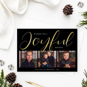 Joyful Modern Black and Gold Script Photo Collage Folie Feestdagenkaart