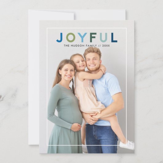 Joyful Modern Blue Green Lettering Foto Feestdagenkaart (Voorkant)