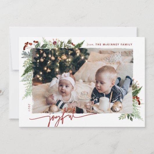 JOYFUL Modern Script Boho Greenery Burgundy Beige Feestdagenkaart (Voorkant)