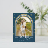 Joyful Moderne Arch Lijst Familie Foto Blue Feestdagenkaart (Staand voorkant)