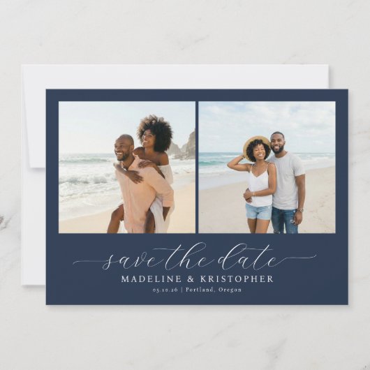 Joyful Navy Beach Photo Collage Save The Date (Voorkant)