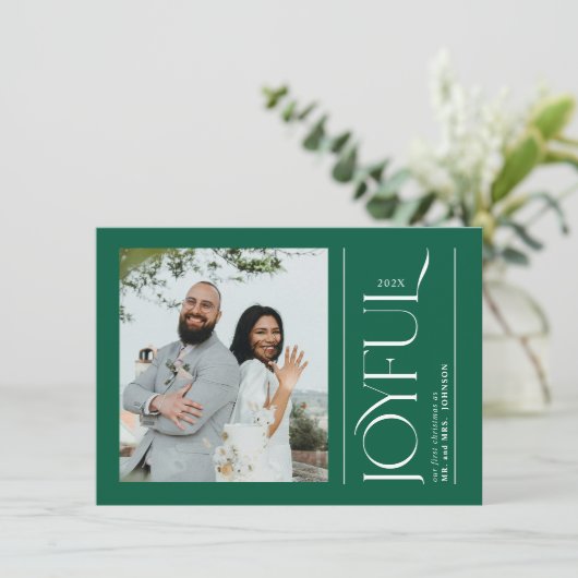 Joyful Newlywed Photo First Christmas Married Feestdagenkaart (Staand voorkant)