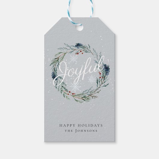 Joyful Prettige feestdagen Winter Wreath Snow Kers Cadeaulabel (Voorkant)