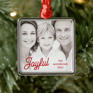 Joyful red festive retro font name year photo metalen ornament