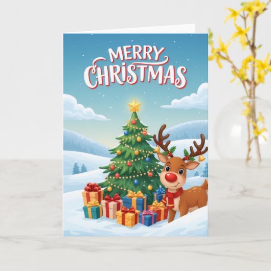 Joyful Reindeer Christmas Tree Greeting Card Kaart (Gele Bloem)