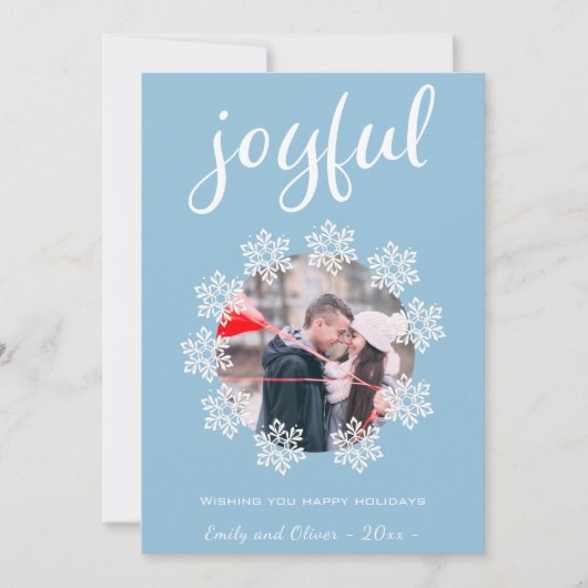 Joyful Script Blue Snowflake Lijst Foto Feestdagenkaart (Voorkant)