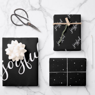 Joyful Script Snowflake Black and White Holiday Inpakpapier Vel