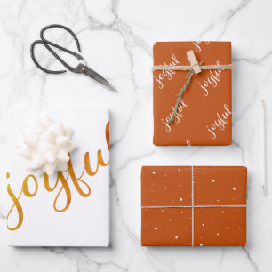 Joyful Script Snowflakes Oranje Holiday Inpakpapier Vel