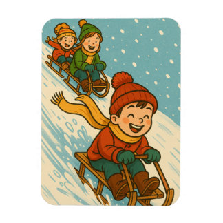 Joyful Sled Ride – Cute Kids Sleigh Riding Winter Magneet