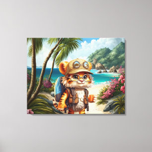 Joyful Tiger Cub met rugzak en koffie Canvas Afdruk