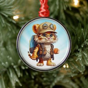 Joyful Tiger Cub met rugzak en koffie Metalen Ornament