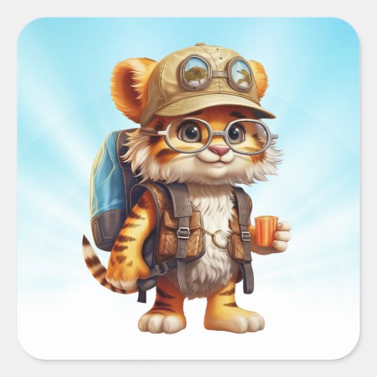 Joyful Tiger Cub met rugzak en koffie Vierkante Sticker (Voorkant)