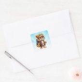 Joyful Tiger Cub met rugzak en koffie Vierkante Sticker (Envelop)