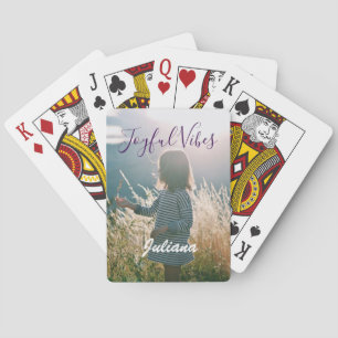 Joyful vibes kinder foto paarse feestdagen naam ge pokerkaarten