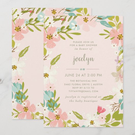 Joyous Floral | Roze Baby shower uitnodiging (Voorkant / Achterkant)