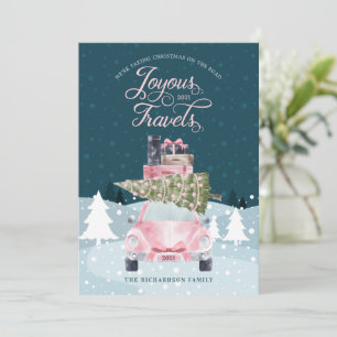 Joyous Travels Road Trip Pink Retro Waterverf Feestdagenkaart