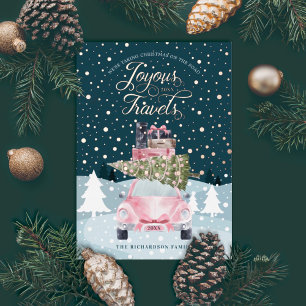 Joyous Travels Road Trip Pink Retro Waterverf Folie Feestdagenkaart
