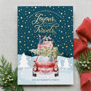 Joyous Travels Road Trip Red Retro Waterverf Folie Feestdagenkaart