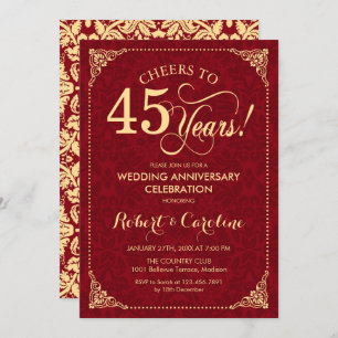 Jubileum 45e bruiloft - Ruby Red Gold Damask Kaart
