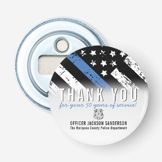 Jubileum blauwe lijn van politie button flesopener (Voorkant)