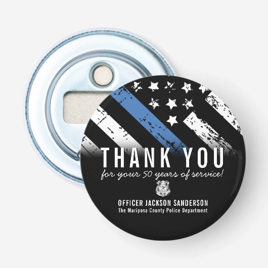 Jubileum blauwe lijn voor politie-pensionering button flesopener (Voorkant)