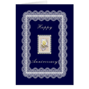 Jubileum Kaart, donkerblauw met witte roze & kant