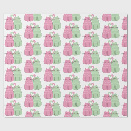 Jubileum roze en groene liefdeskatten cadeaupapier (Vlak)