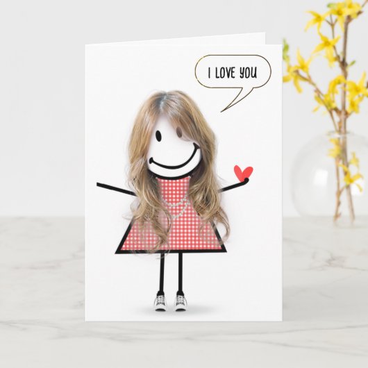 Jubileum Stick Figuur Meisje met Speech Bubble Kaart (Gele Bloem)