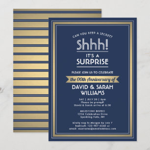 Jubileum Surprise Party Navy blauw, wit & goud Kaart