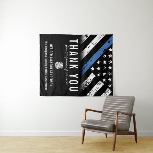 Jubileum van politie-pensionering met blauwe lijn wandkleed (In Situ (horizontaal))