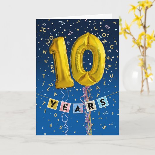 Jubileum werknemer 10 jaar - goudballonnen kaart (Gele Bloem)