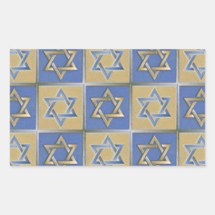 Judaica Davidster Metaal Goud Blauw Rechthoekige Sticker